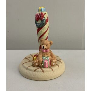 Christmas Teddy Bear Stamp Stoneware Hand Press Mold Wreath  5"‎ Red White Pole